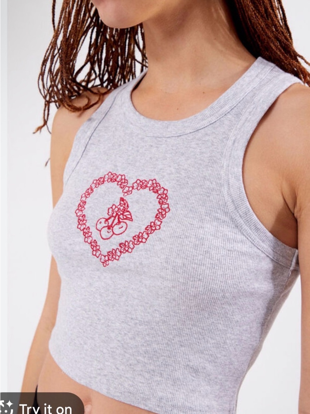 PacSun Gray Ribbed Crop Tank with Red Heart Cherry Graphic